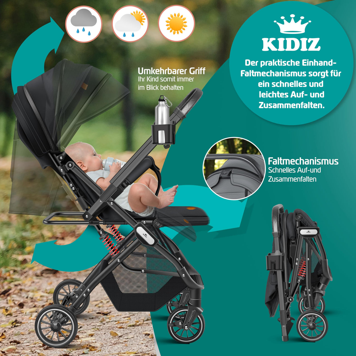 KIDIZ® Kinderwagen Kinderbuggy klappbar Liegebuggy Sportwagen Faltbar 360° Räder 5-Punkt Gurt Inkl. Fußsack, Getränkehalter, Regenabdeckung & Moskitonetz verstellbare Rückenlehne & Sonnenverdeck