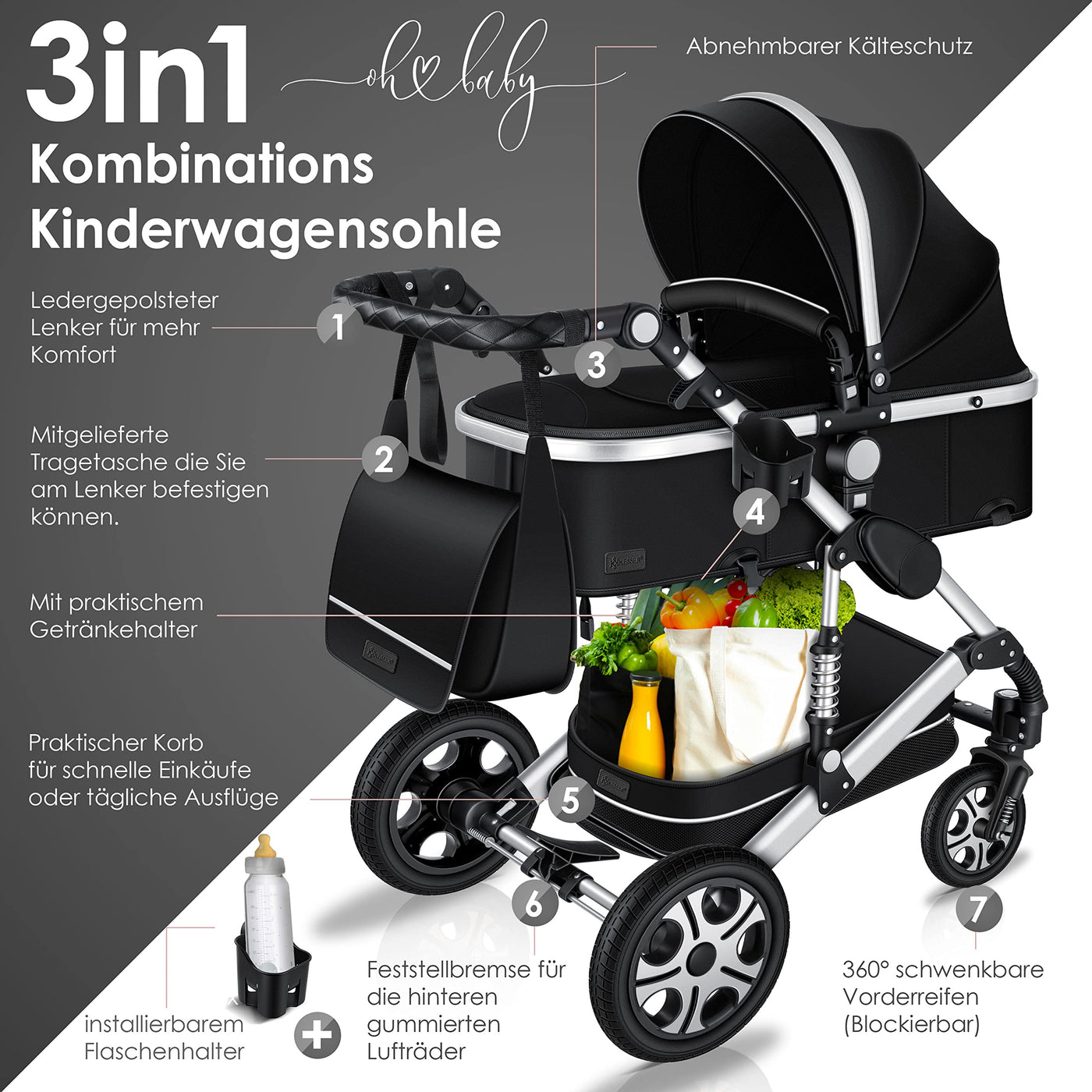 KESSER® Loops 3 in 1 Kinderwagen Kombikinderwagen Komplett-Set inkl. Babywanne & Buggy Sportsitz & Auto-Babyschale Voll-Gummireifen Wickeltasche Regenschutz Kindertisch ECE R129, Schwarz/Silber