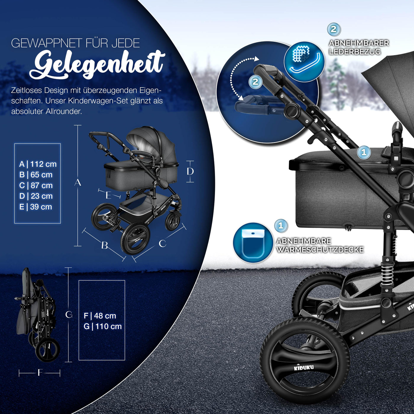 KIDUKU® 3 in 1 Kinderwagen Komplettset | Kombikinderwagen Set inkl. Babywanne & Buggy Sportsitz & Auto-Babyschale Fußsack | Vollgummireifen Wickeltasche Handwärmer Regenschutz Kindertisch ECE R129