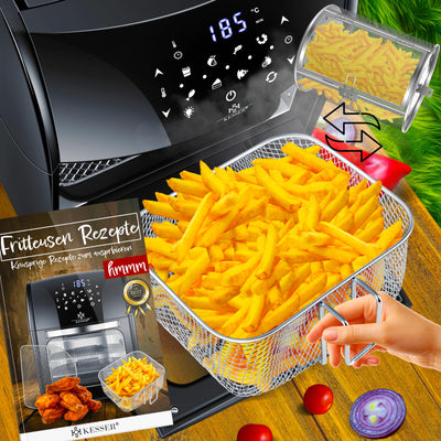 KESSER® XXL Airfryer 9in1 Heißluftfritteuse Fritteuse, | Drehgrill | Dörrautomat | Rezeptheft | Grillspieß | 1800 Watt | fettfrei grillen ohne Öl | 8 Programme | inkl. Zubehör Schwarz