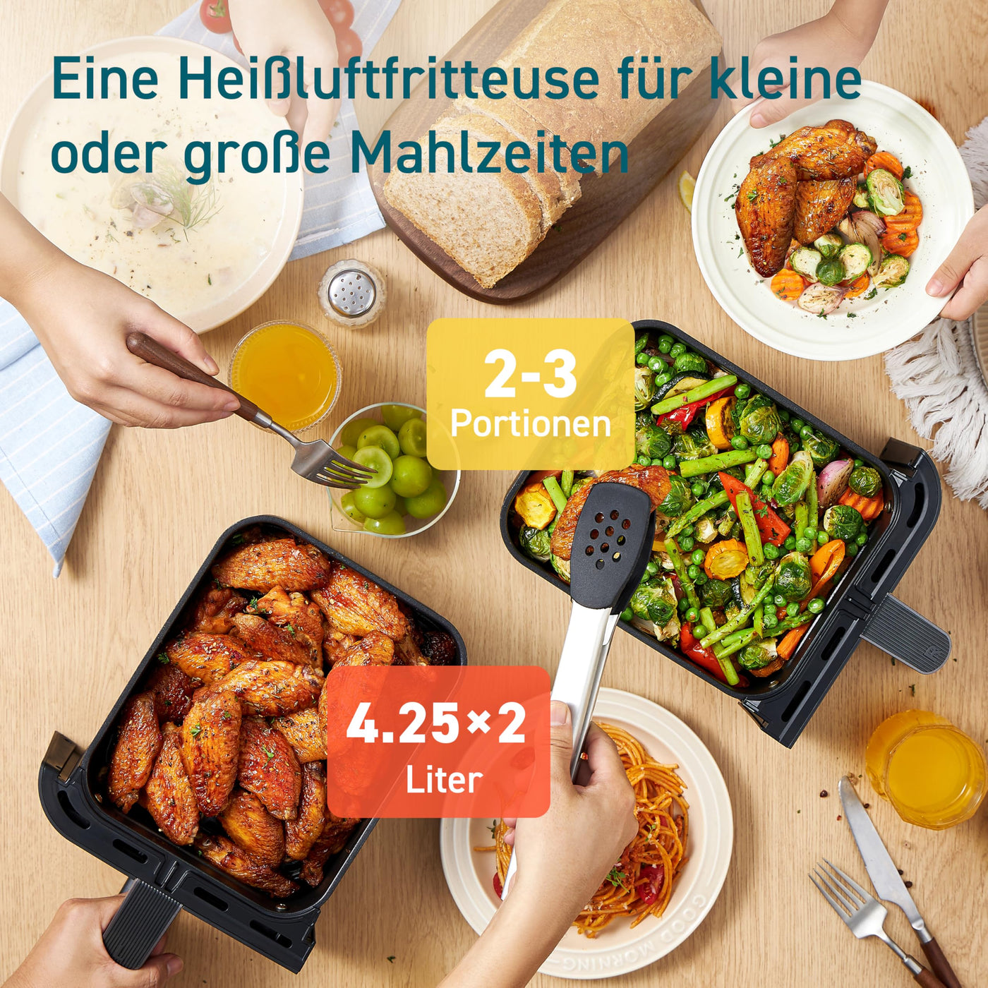 COSORI Heißluftfritteuse 2 Kammern Airfryer, 8-in-1 Dual Zone Air Fryer XXL 8,5 L, Heissluftfritteuse Doppelkammer mit Sichtfenster für ausgewogene Mahlzeit, 50 Rezepte, energiesparend, 1-5 Personen