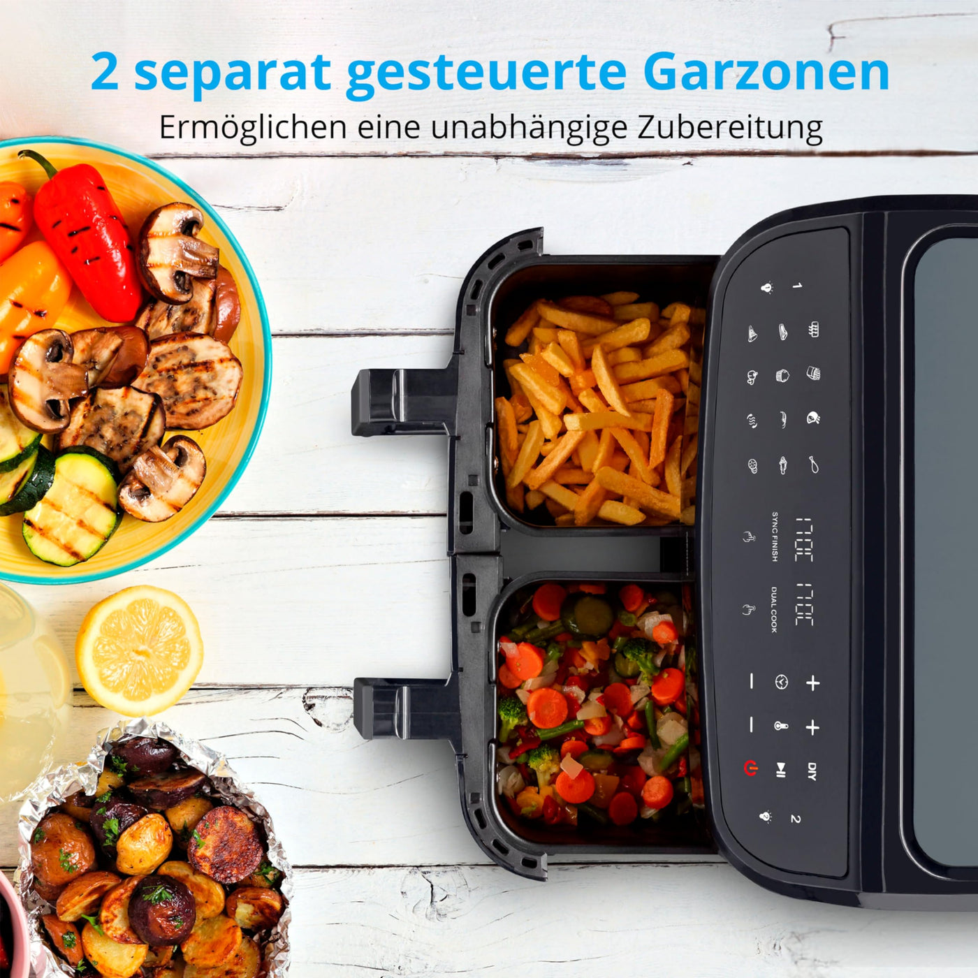 MEDION P20 XXL Heißluftfritteuse mit 2 Kammern (8,7 Liter, 2.600 Watt, Doppelkammer, 9 Automatikprogramme, 2 Schubladen, Sichtfenster, Dualer Airfryer, Dual Cook & Sync-Finish Funktion)