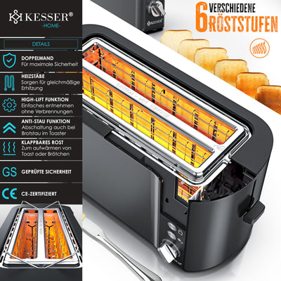 KESSER® Toaster mit Brötchenaufsatz, Automatik-Langschlitztoaster mit 6 Bräunungsstufen + Auftau- & Aufwärmefunktion, Abschaltautomatik, Liftfunktion, inkl. Krümelblech und Rezeptbuch Anthrazit