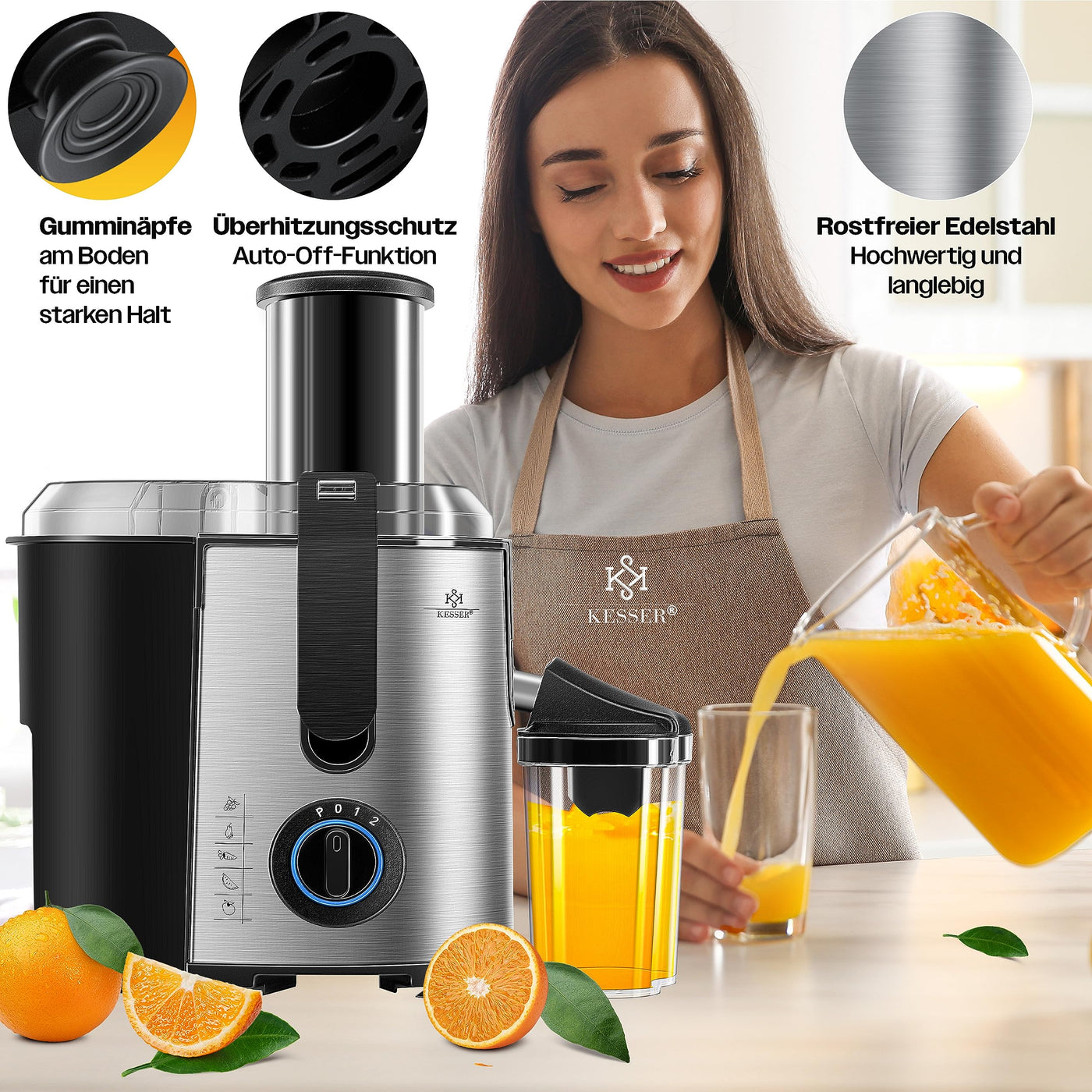 KESSER® Entsafter für Obst und Gemüse aus Edelstahl 1100W große 85 mm Einfüllöffnung inkl. Reinigungsbürste und Saftbehälter 3 Geschwindigkeitsstufen, Saftpresse Juicer, Silver/Black