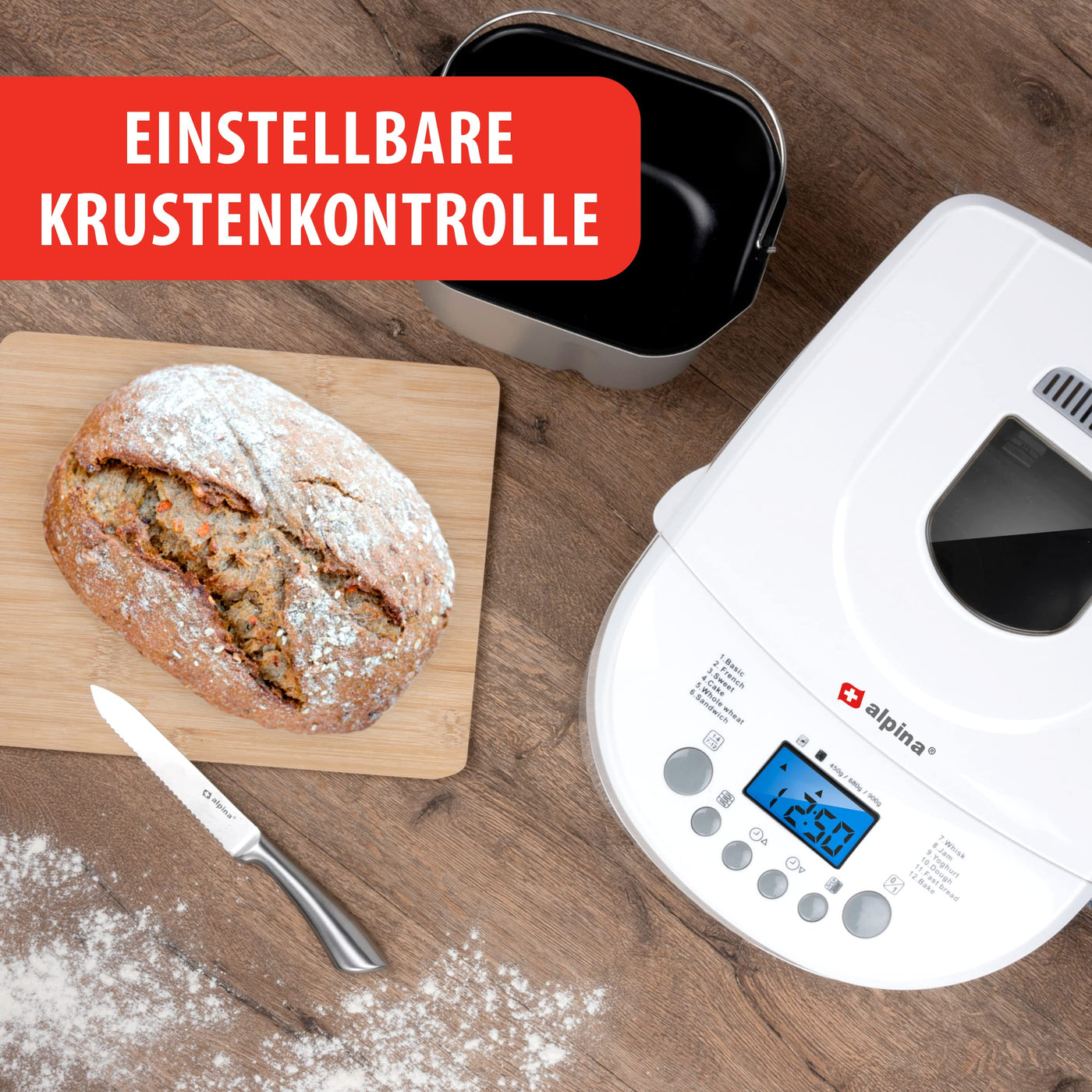 alpina Brotbackautomat - Brotbackmaschine - kleine bis große Brote: 450-680-900 Gramm - Timer - 12 Backprogramme - auch für Kuchen, Marmelade und Ketchup - 600W, Weiß