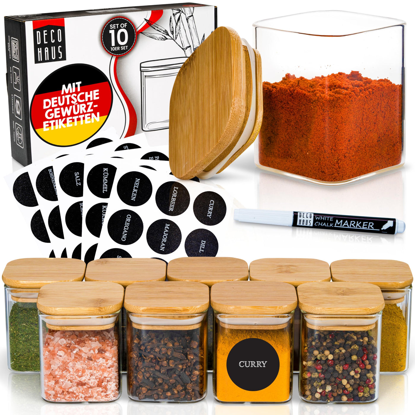 Deco haus® Gewürzgläser eckig luftdicht mit Holzdeckel 10er Set [+Etiketten] - Gewürzdosen Set Glas - Gewürzbehälter Spice Jars Set - Gewürze Aufbewahrung - Behälter - Gewürzaufbewahrung