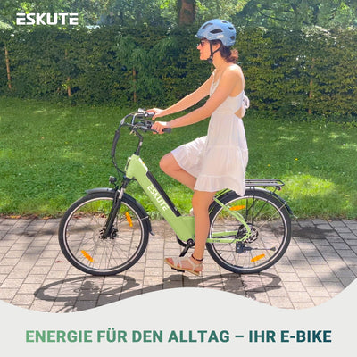 ESKUTE C100 E-Bike, 26 Zoll Elektrofahrrad, E-Cityrad 250W HeckMotor, 375Wh Wechselakku,bis zu 60km, LCD-Display, Tiefeinsteiger E-CityBike Für Damen und Herren Erwachsene Grün