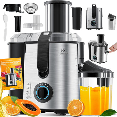 KESSER® Entsafter für Obst und Gemüse aus Edelstahl 1100W große 85 mm Einfüllöffnung inkl. Reinigungsbürste und Saftbehälter 3 Geschwindigkeitsstufen, Saftpresse Juicer, Silver/Black