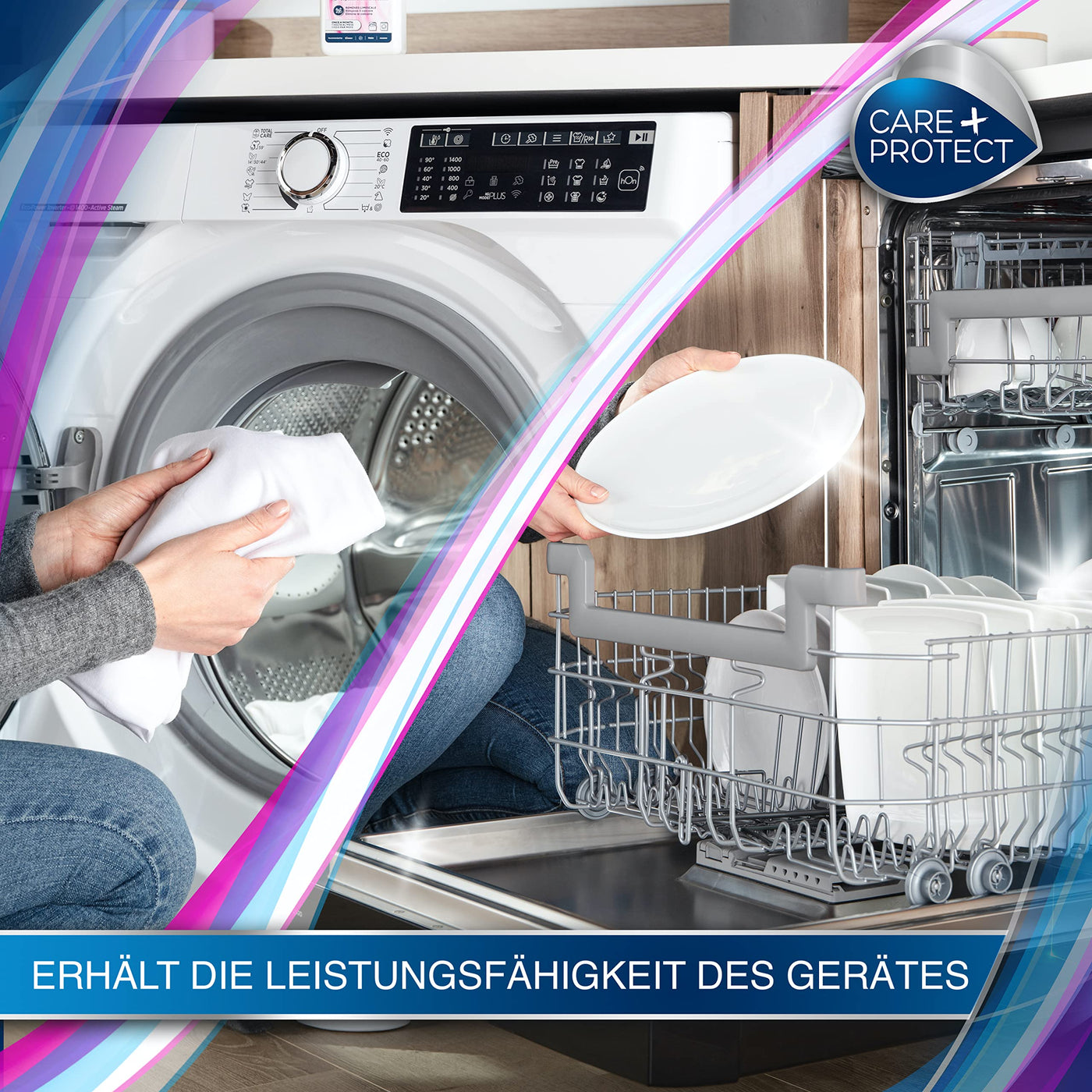 CARE + PROTECT– 3-in-1 Entkalker, Fettlöser und Reiniger für Waschmaschine & Geschirrspülmaschine / Maschinenreiniger & Maschinenpflege in einem / beseitigt Kalk, Fett & Gerüche / 250 ml