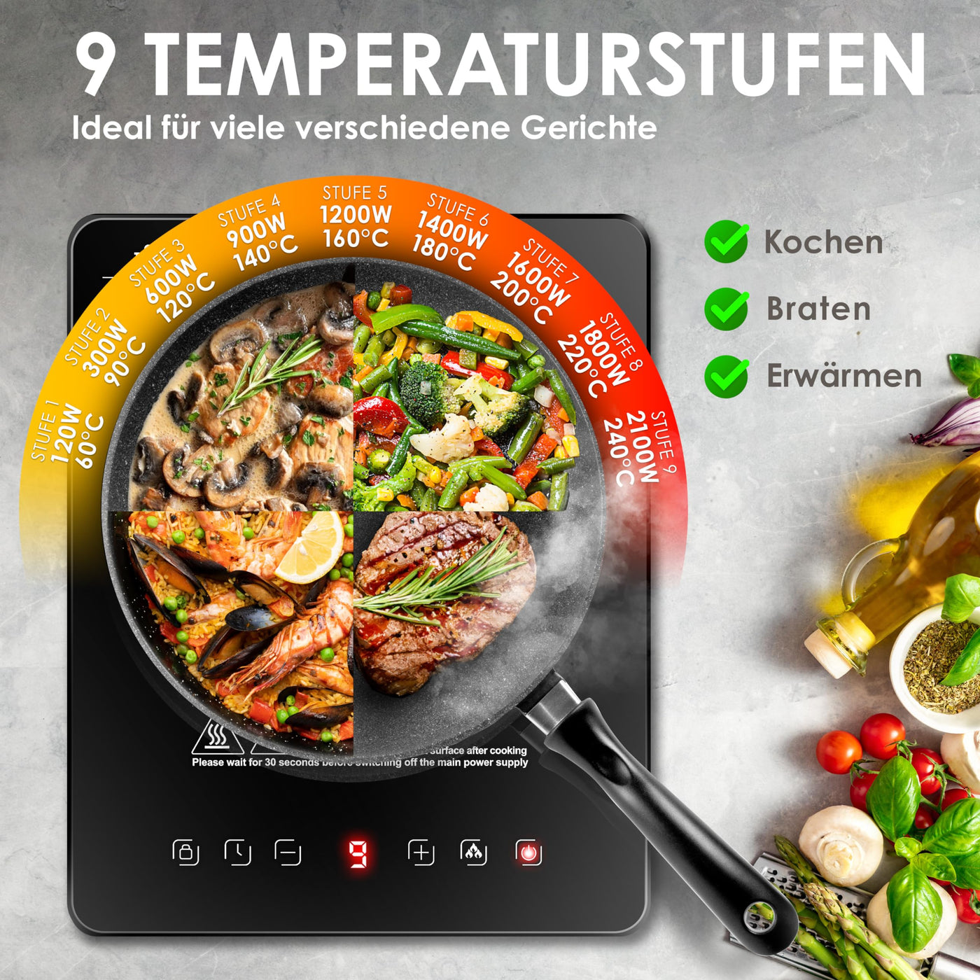 KESSER® Induktionskochplatte Induktionskochfeld 1 Platte 2100W Tragbares 28cm Kochplatte + 3x Mikrofasertuch + 1x Rezeptbuch, 9 Heizstufen, 8-Stunden-Timer, Touch-Steuerung, Booster-Funktion 220-240V