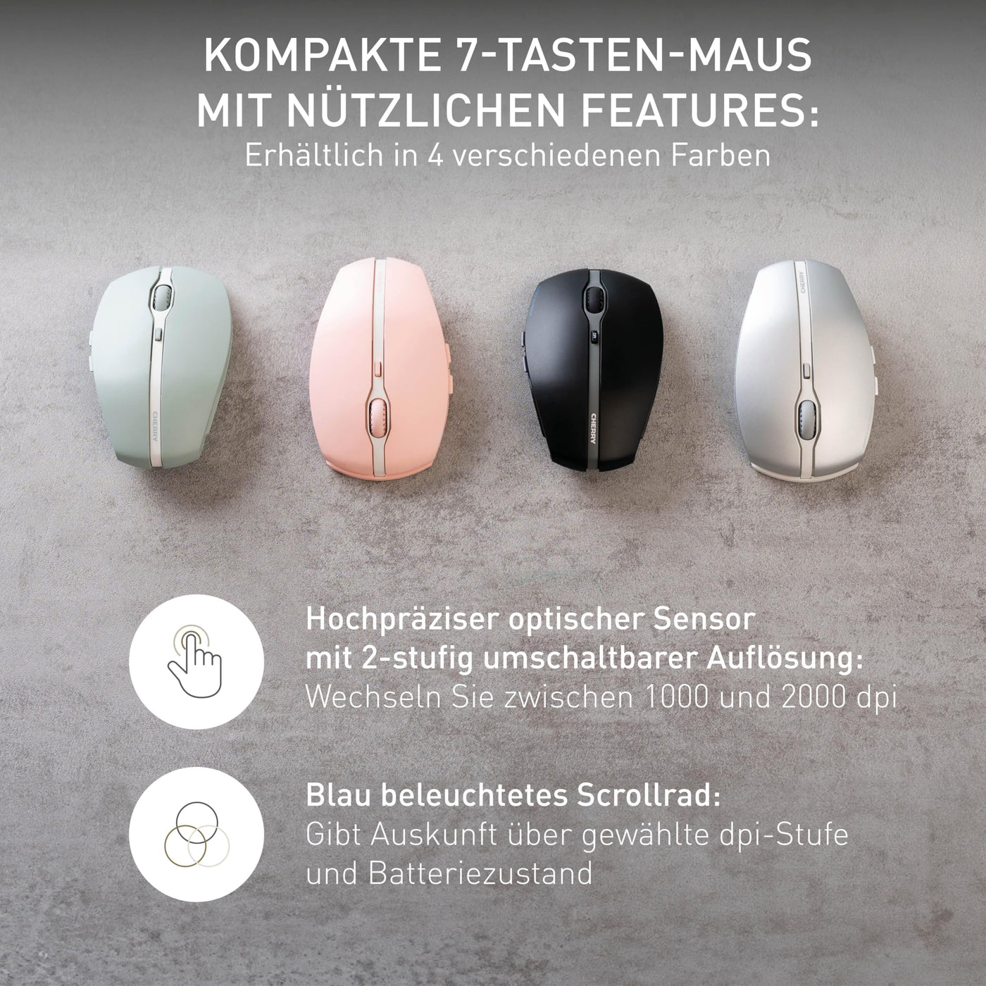 CHERRY GENTIX BT, Kabellose Bluetooth-Maus, Multi-Device-Funktion für bis zu 3 Geräte, Umschaltbare Auflösung (1000/2000 dpi), Batteriebetrieben, Schwarz