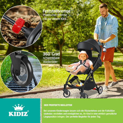 KIDIZ® Kinderwagen Premium Kinderbuggy klappbar Liegebuggy Sportwagen Faltbar 360°Räder 5-Punkt Gurt Inkl. Getränkehalter & Regenabdeckung, verstellbare Rückenlehne & Sonnenverdeck Schwarz