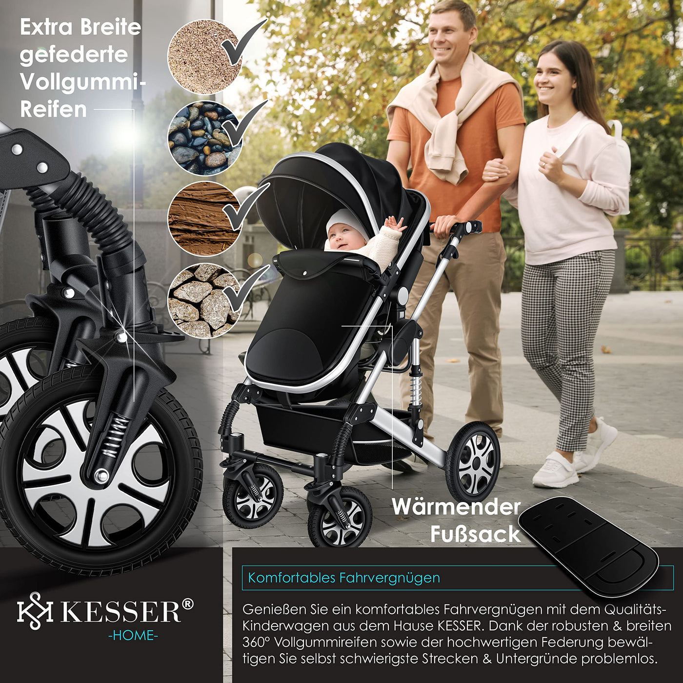 KESSER® Loops 3 in 1 Kinderwagen Kombikinderwagen Komplett-Set inkl. Babywanne & Buggy Sportsitz & Auto-Babyschale Voll-Gummireifen Wickeltasche Regenschutz Kindertisch ECE R129, Schwarz/Silber