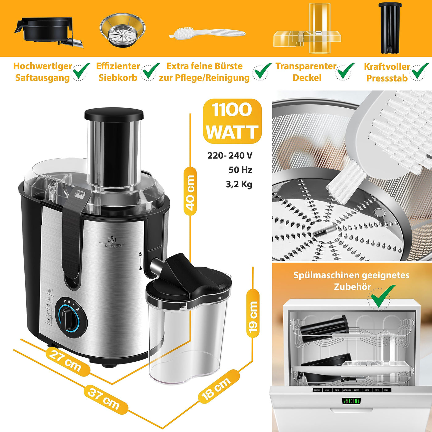 KESSER® Entsafter für Obst und Gemüse aus Edelstahl 1100W große 85 mm Einfüllöffnung inkl. Reinigungsbürste und Saftbehälter 3 Geschwindigkeitsstufen, Saftpresse Juicer, Silver/Black