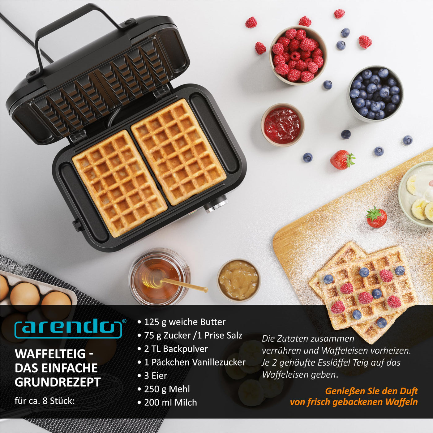 Arendo - Waffeleisen doppelt - belgische Waffeln - 1200 Watt – Waffelautomat – 2 Waffeln 12,6 x 8,6 cm - Antihaftbeschichtung – belgische Waffeln - Thermostat – Überhitzungsschutz - BPA und PFOA frei