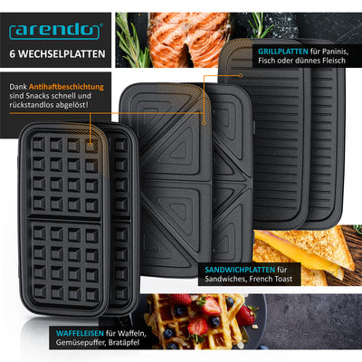 Arendo - Sandwichmaker 3in1 Waffeleisen Kontaktgrill mit abnehmbaren Platten - mit Antihaftbeschichtung - BPA frei - Temperaturkontrolle – Sandwich Maker - Sandwichtoaster