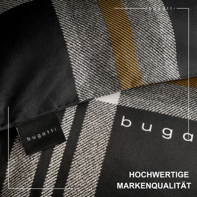 bugatti Bettwäsche 135 x 200 cm - 100% Baumwolle, Reißverschluss, anschmiegsam, weich & waschbar, Mako Satinbettwäsche kariert schwarz grau