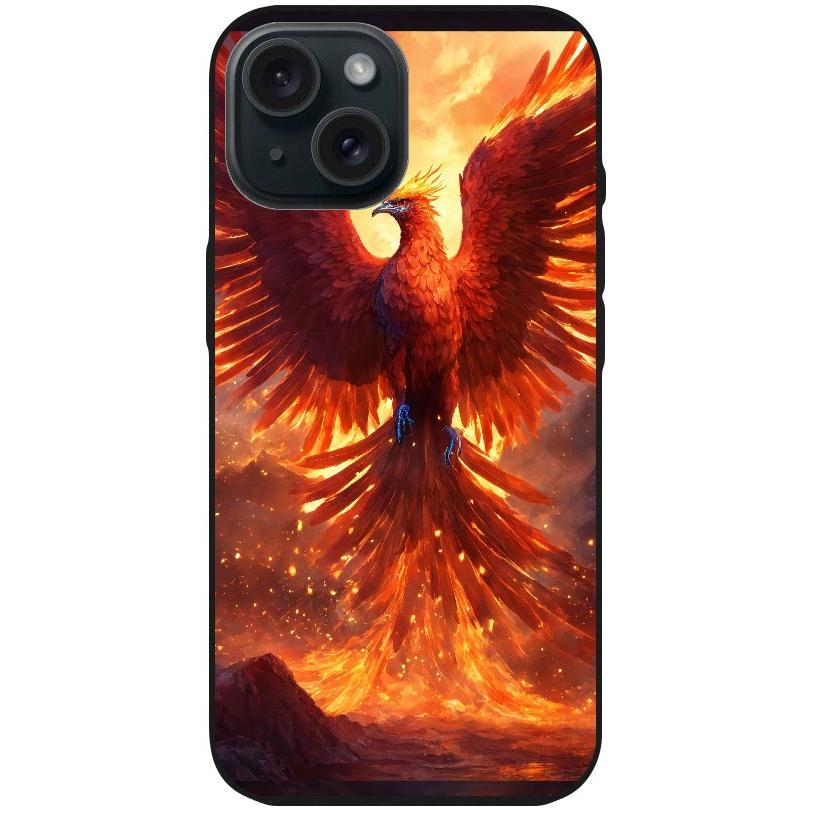 Handyhülle iPhone 15 - Silikonhülle schwarz mit Motiv 42 Feuer Phönix - personalisierbar