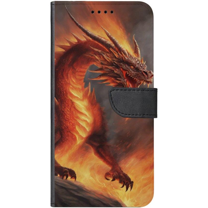 iPhone 15 Pro Handyhülle aus Kunstleder mit Lasche Motiv 5 Drache in Flammen - personalisierbar