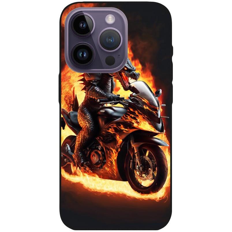 Hülle iPhone 14 Pro - Silikonhülle schwarz mit Motiv 24 Drache auf Motorrad - personalisierbar