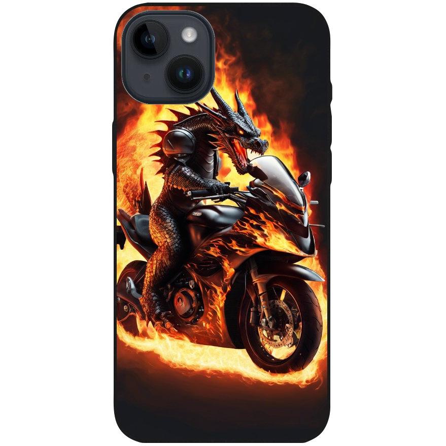 Hülle iPhone 14 Plus - Silikonhülle schwarz mit Motiv 24 Drache auf Motorrad - personalisierbar