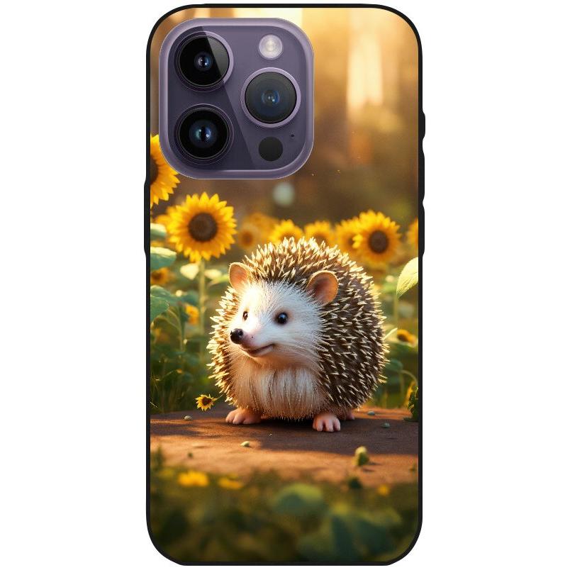 Hülle iPhone 14 Pro - Silikonhülle schwarz mit Motiv 20 süßer Igel Sonnenblumen - personalisierbar