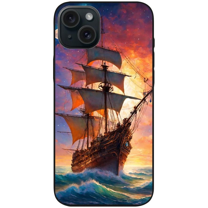 Handyhülle iPhone 15 Plus - Silikonhülle schwarz mit Motiv 43 Segelschiff - personalisierbar