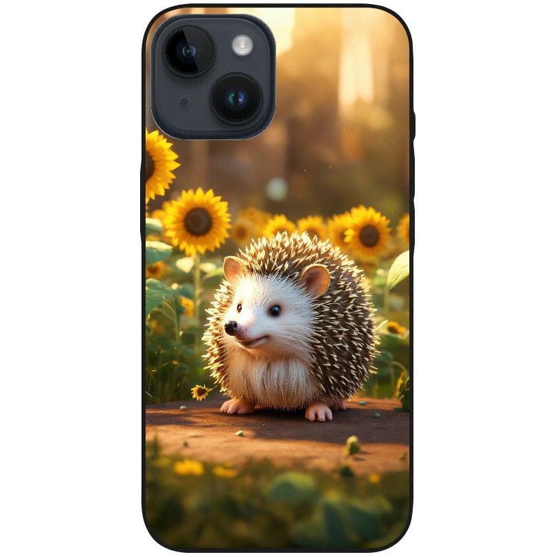 Hülle iPhone 14 - Silikonhülle schwarz mit Motiv 20 süßer Igel Sonnenblumen - personalisierbar