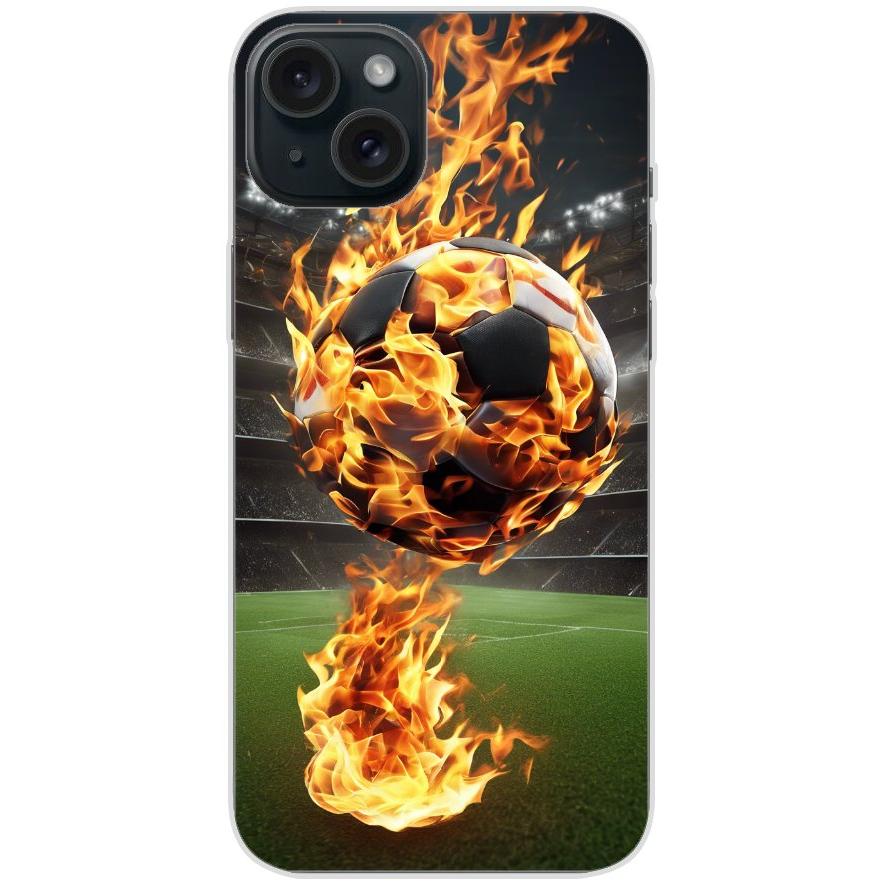 Handyhülle iPhone 15 Plus aus transparentem Silikon mit Motiv 38 Fußball in Flammen - personalisierbar