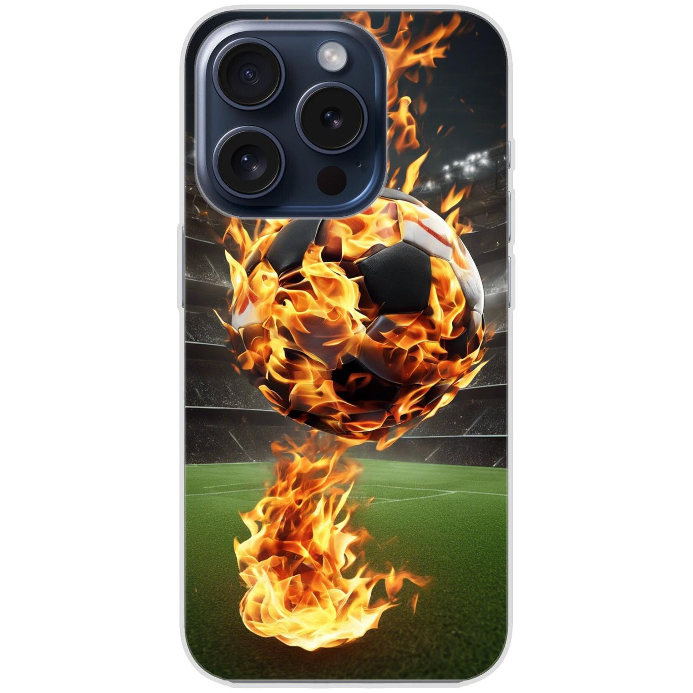 Handyhülle iPhone 15 Pro aus transparentem Silikon mit Motiv 38 Fußball in Flammen - personalisierbar