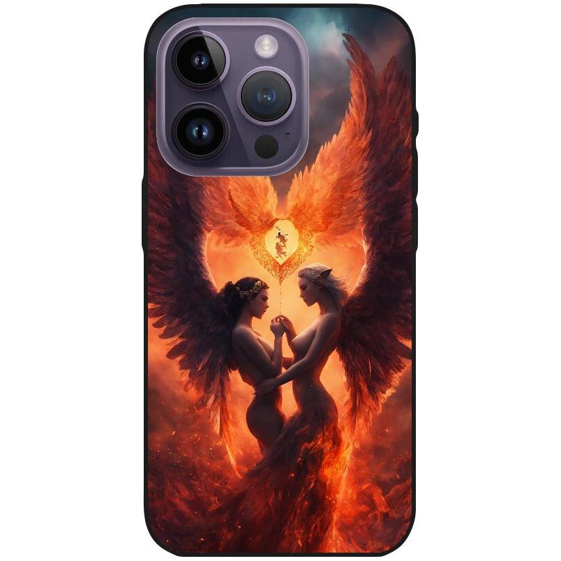 Hülle iPhone 14 Pro - Silikonhülle schwarz mit Motiv 23 Feuerengel - personalisierbar