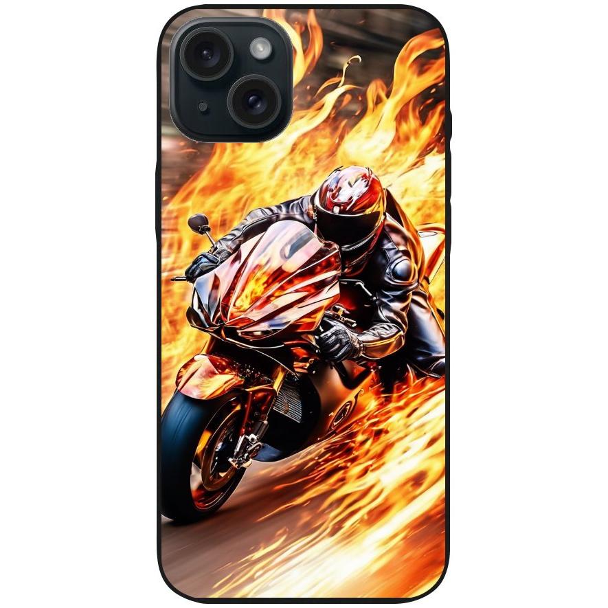 Handyhülle iPhone 15 Plus - Silikonhülle schwarz mit Motiv 14 Motorradfahrer in Flammen - personalisierbar