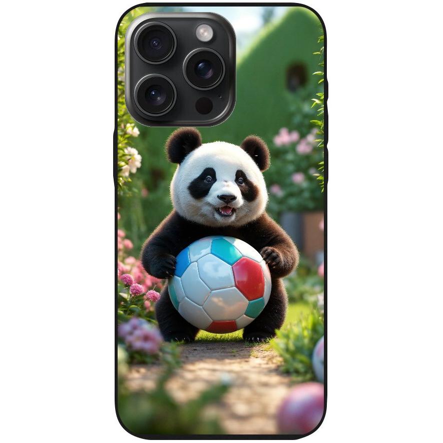 Handyhülle iPhone 15 Pro Max- Silikonhülle schwarz mit Motiv 49 Panda animiert mit Bällen - personalisierbar