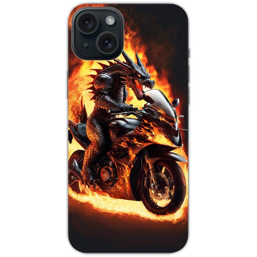 Handyhülle iPhone 15 Plus aus transparentem Silikon mit Motiv 24 Drache auf Motorrad - personalisierbar