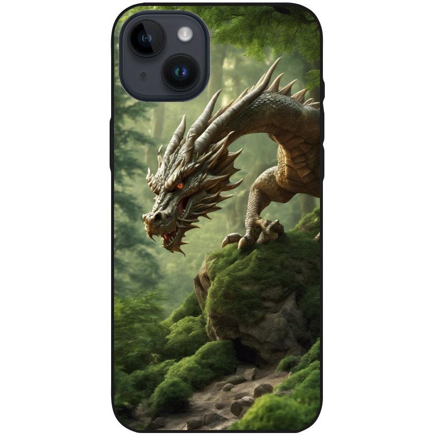 Hülle iPhone 14 Plus - Silikonhülle schwarz mit Motiv 45 Drache Felsen grün - personalisierbar