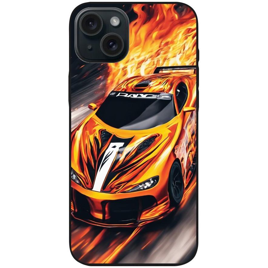 Handyhülle iPhone 15 Plus - Silikonhülle schwarz mit Motiv 47 Sportwagen in Flammen - personalisierbar