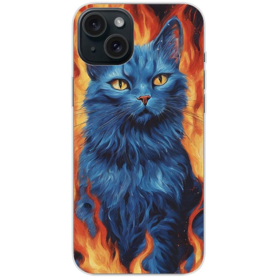 Handyhülle iPhone 15 Plus aus transparentem Silikon mit Motiv 7 blaue Katze in Flammen - personalisierbar