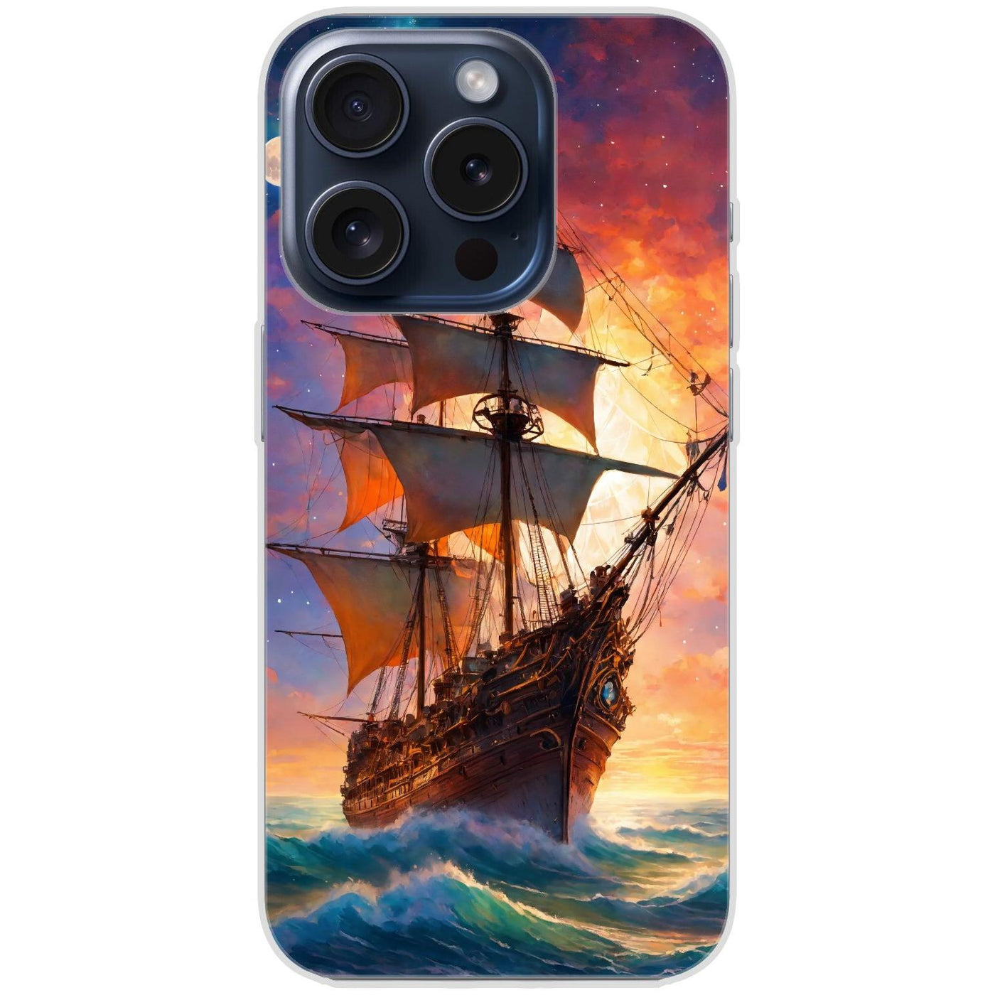 Handyhülle iPhone 15 Pro aus transparentem Silikon mit Motiv 43 Segelschiff - personalisierbar