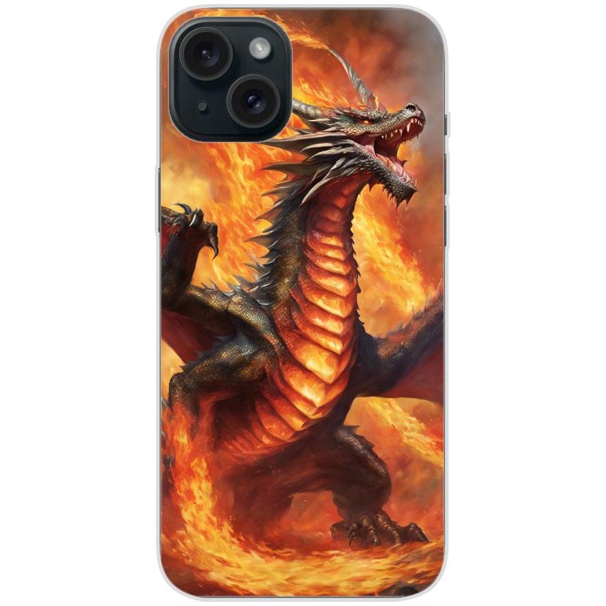 Handyhülle iPhone 15 Plus aus transparentem Silikon mit Motiv 12 Drache in Flammen - personalisierbar