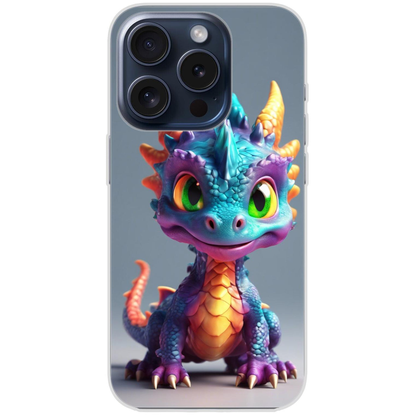 Handyhülle iPhone 15 Pro aus transparentem Silikon mit Motiv 21 bunter Baby Drache - personalisierbar