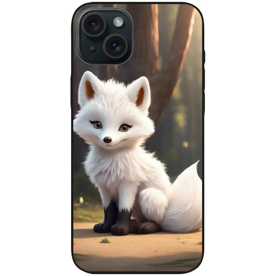 Handyhülle iPhone 15 Plus - Silikonhülle schwarz mit Motiv 16 weißer Fuchs animiert - personalisierbar