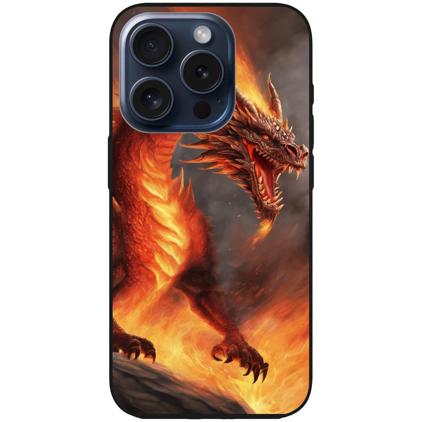 Handyhülle iPhone 15 Pro - Silikonhülle schwarz mit Motiv 5 Drache in Flammen - personalisierbar