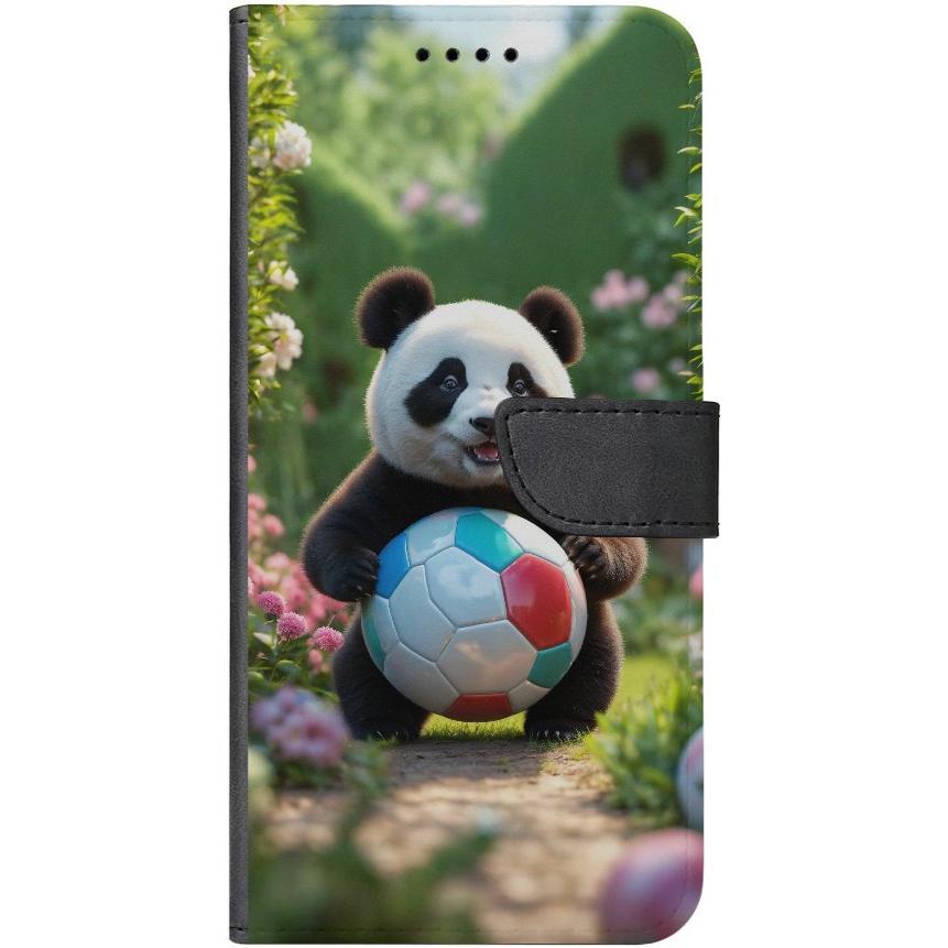 iPhone 14 Pro Handyhülle aus Kunstleder mit Lasche Motiv 49 Panda animiert mit Bällen - personalisierbar