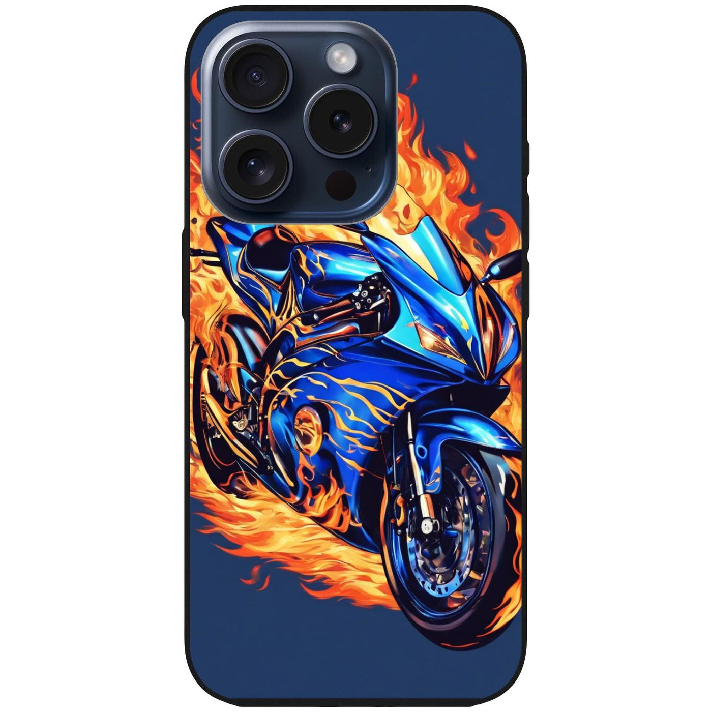 Handyhülle iPhone 15 Pro - Silikonhülle schwarz mit Motiv 2 Motorrad in Flammen - personalisierbar