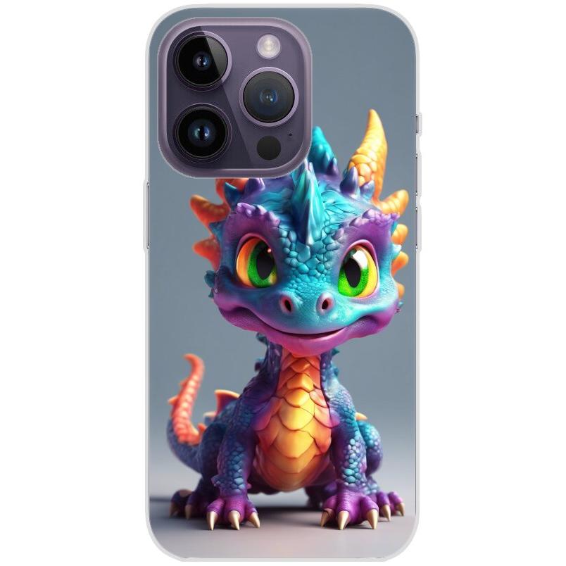 Handyhülle iPhone 14 Pro aus transparentem Silikon mit Motiv 21 bunter Baby Drache - personalisierbar