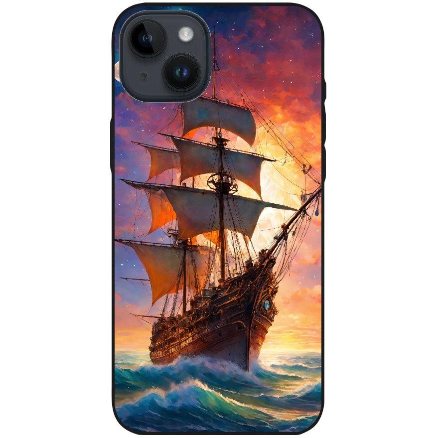 Hülle iPhone 14 Plus - Silikonhülle schwarz mit Motiv 43 Segelschiff - personalisierbar