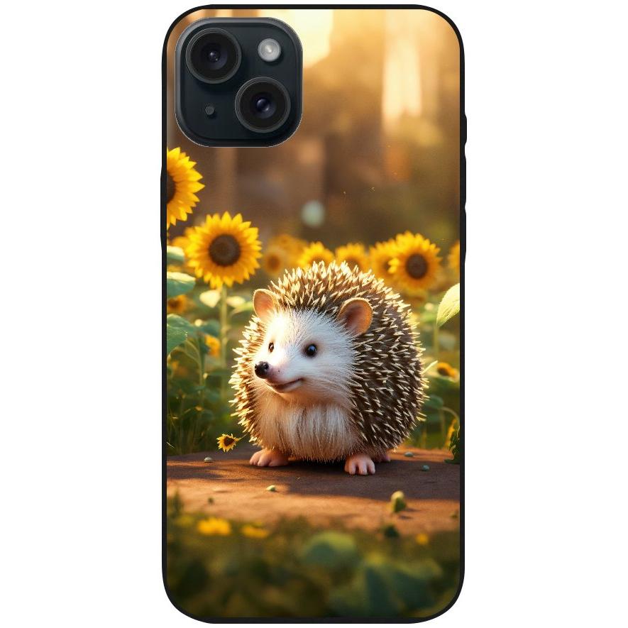 Handyhülle iPhone 15 Plus - Silikonhülle schwarz mit Motiv 20 süßer Igel Sonnenblumen - personalisierbar