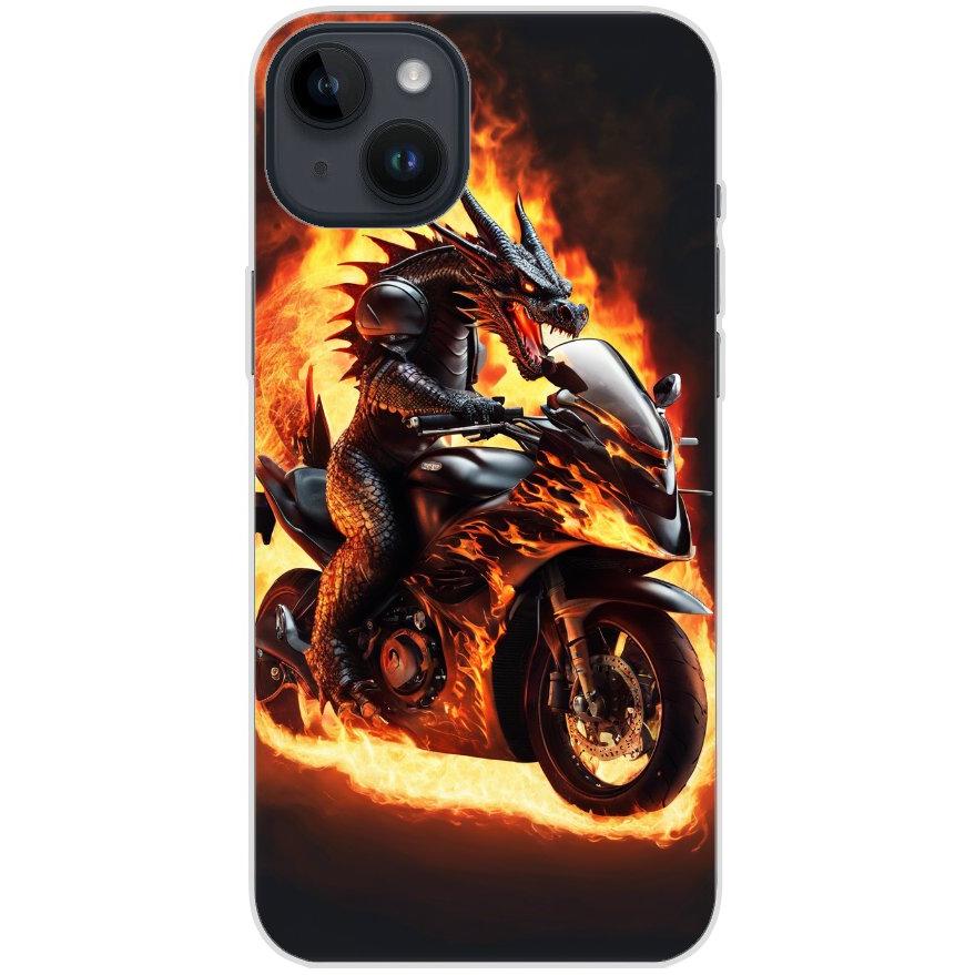 Handyhülle iPhone 14 Plus aus transparentem Silikon mit Motiv 24 Drache auf Motorrad - personalisierbar