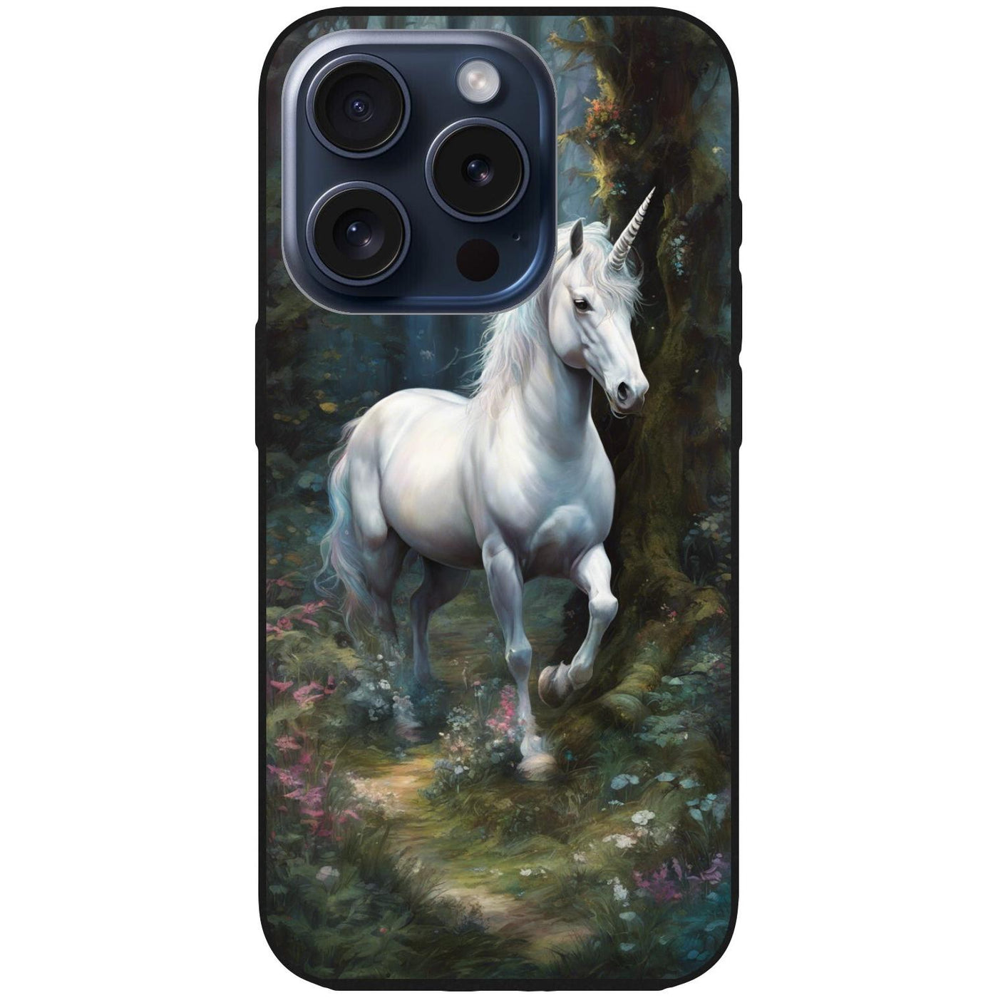 Handyhülle iPhone 15 Pro - Silikonhülle schwarz mit Motiv 44 Einhorn weiß - personalisierbar