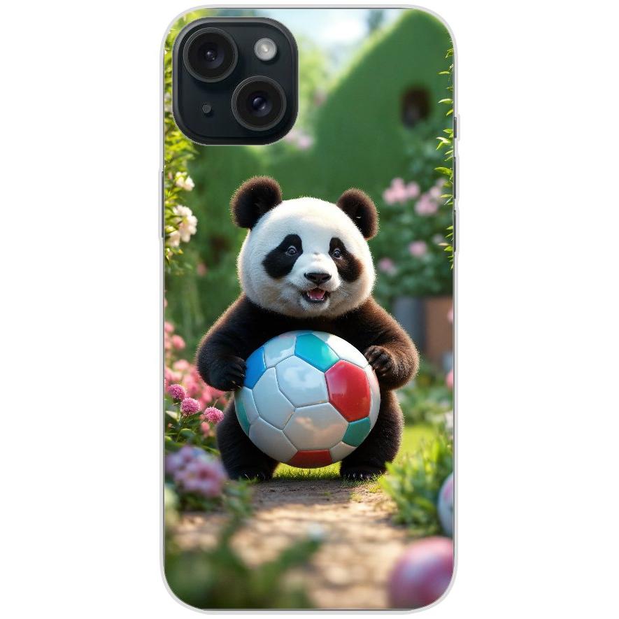 Handyhülle iPhone 15 Plus aus transparentem Silikon mit Motiv 49 Panda animiert mit Bällen - personalisierbar